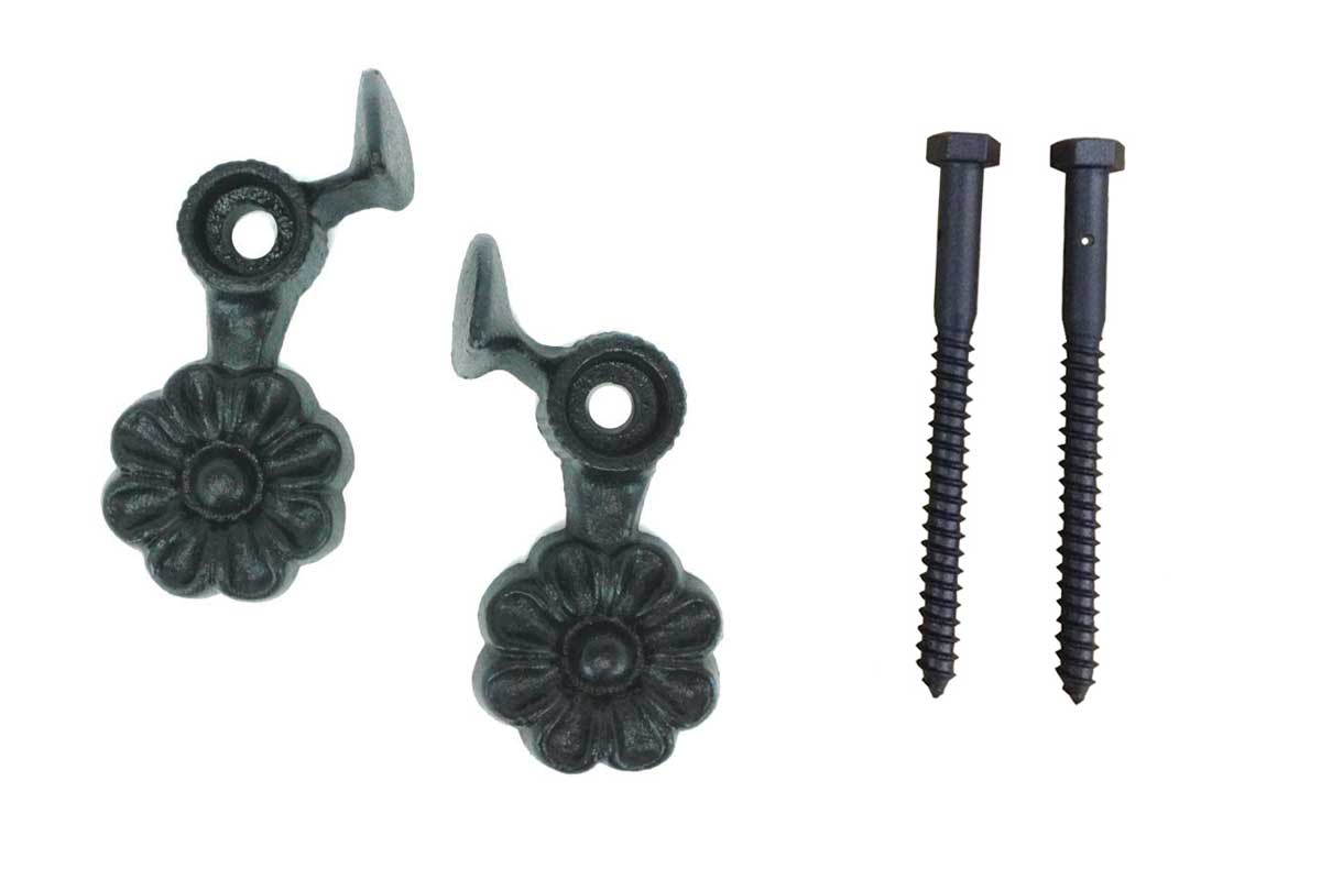 Cast iron black powder coat shutter dogs with flower design, 4-1/2 inches, sold in pairs with screws included.