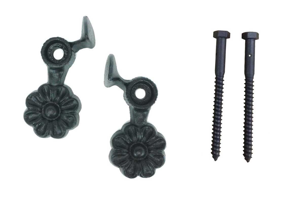 Shutter Dogs / Tiebacks - Flower with Lag - 4-1/2" Inch - Cast Iron - Black Powder Coat - Sold in Pairs