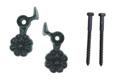 Shutter Dogs / Tiebacks - Flower with Lag - 4-1/2" Inch - Cast Iron - Black Powder Coat - Sold in Pairs