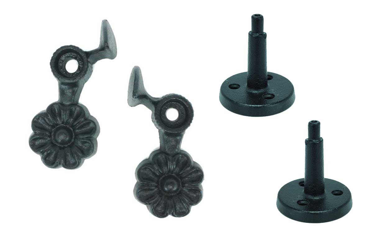 Cast iron flower shutter dogs with black powder coat finish, 4-1/2 inches, sold in pairs for window tiebacks.