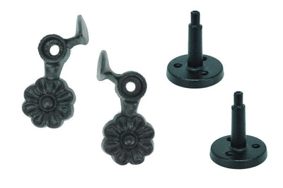 Shutter Dogs / Tiebacks - Flower with Post - 4-1/2" Inch - Cast Iron - Black Powder Coat - Sold in Pairs