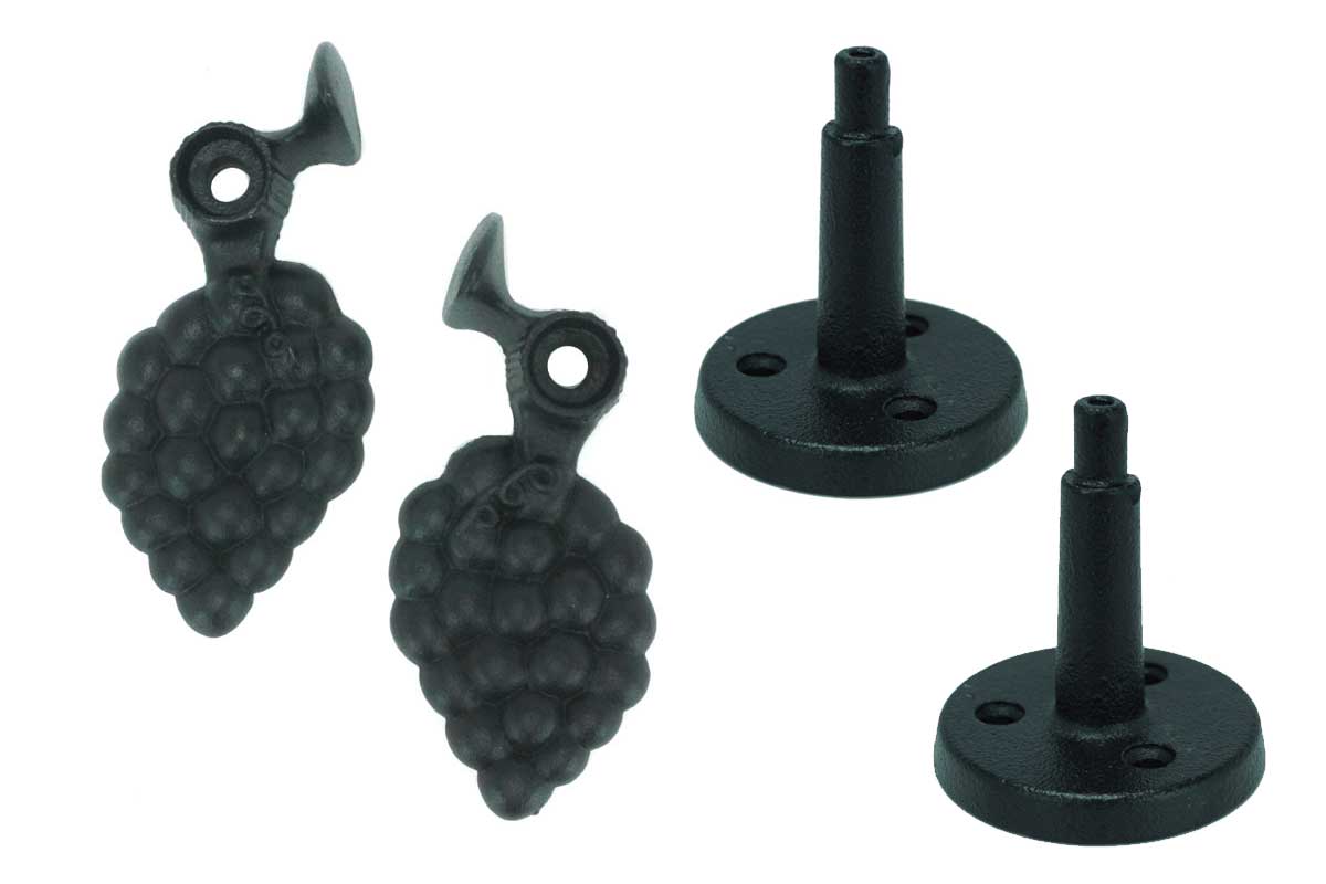 Cast iron grape-shaped shutter dogs with black powder coat finish, 6-1/4 inches, sold in pairs for window tiebacks.
