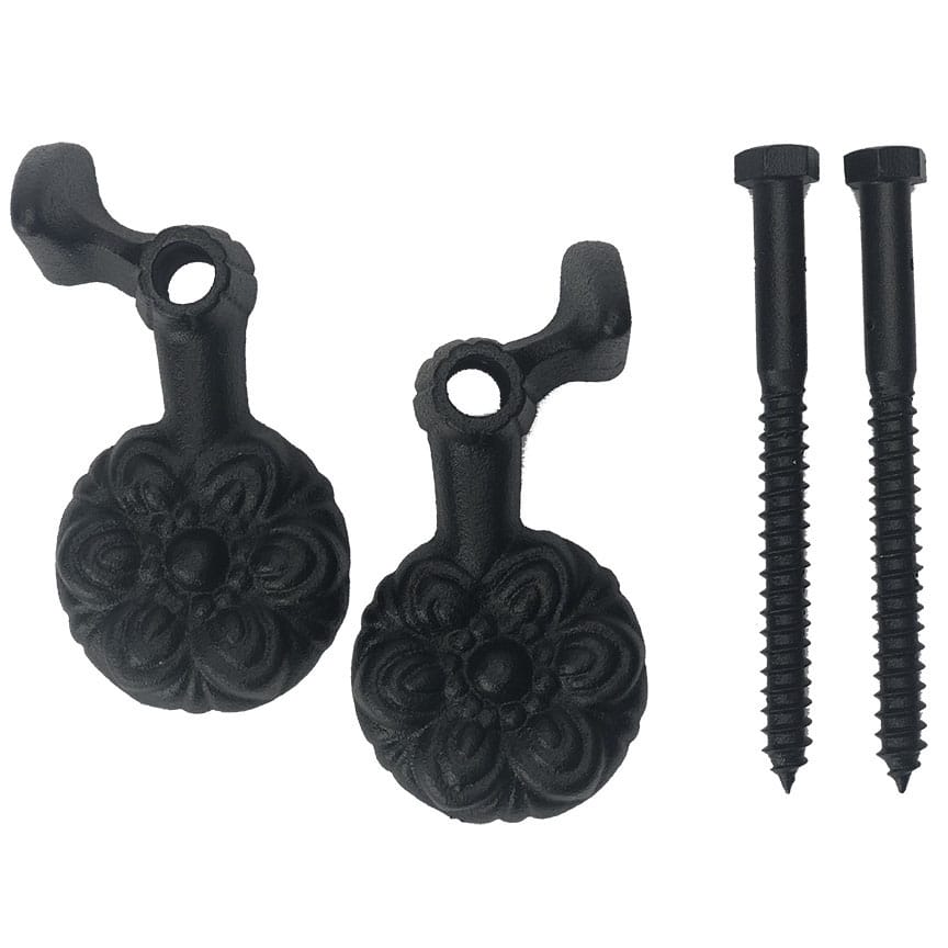 Black cast iron shutter dogs in JP Style #35-L with floral design, 4-1/4 inches, sold in pairs with screws.