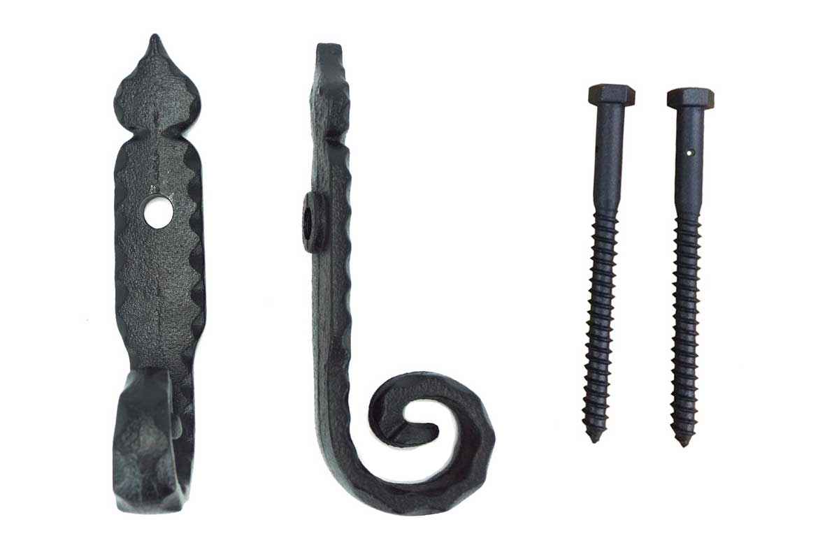 Black powder-coated cast iron shutter dogs and tiebacks, 6-1/4 inches, sold in pairs with lag screws included.
