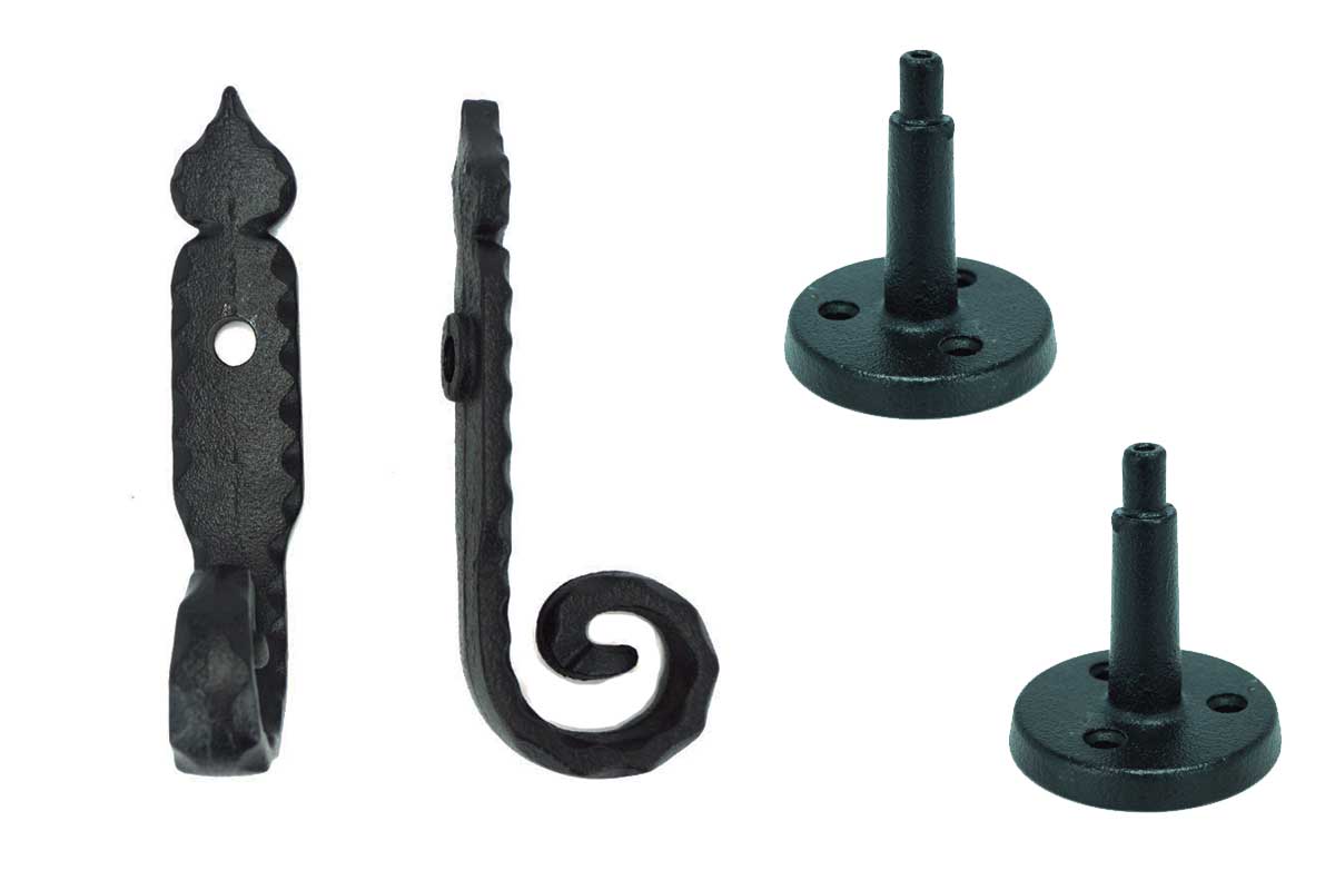 Cast iron rat tail shutter dogs with post, 6-1/4 inches, black powder coat finish, sold in pairs for window tiebacks.