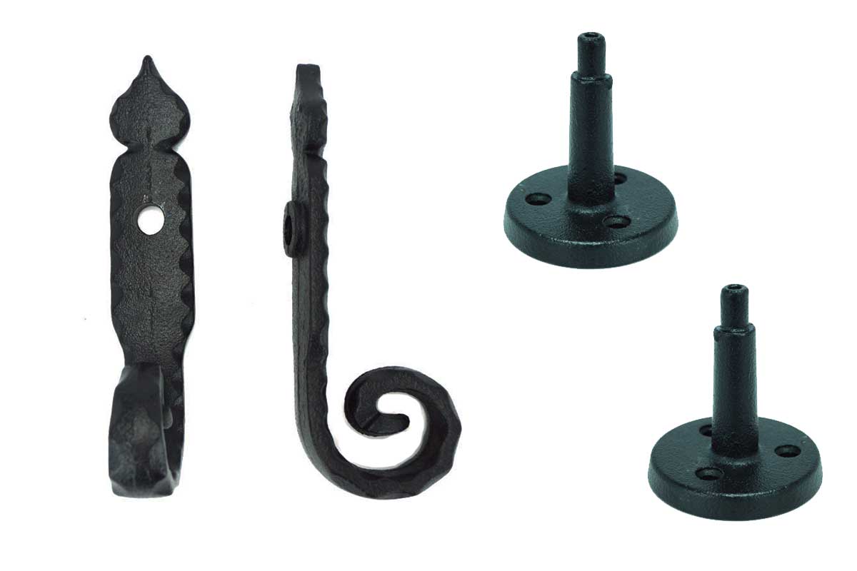 Shutter Dogs / Tiebacks - Rat Tail with Post - 6-1/4" Inch - Cast Iron - Black Powder Coat - Sold in Pairs