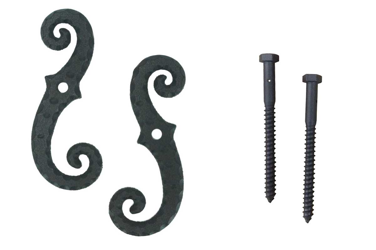 Black powder-coated cast iron shutter dogs and tiebacks in a scroll design, 6-3/4 inches, sold in pairs with screws.