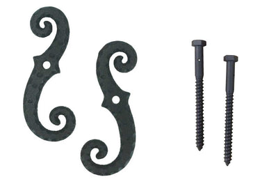Shutter Dogs / Tiebacks - Scroll with Lag - 6-3/4" Inch - Cast Iron - Black Powder Coat - Sold in Pairs