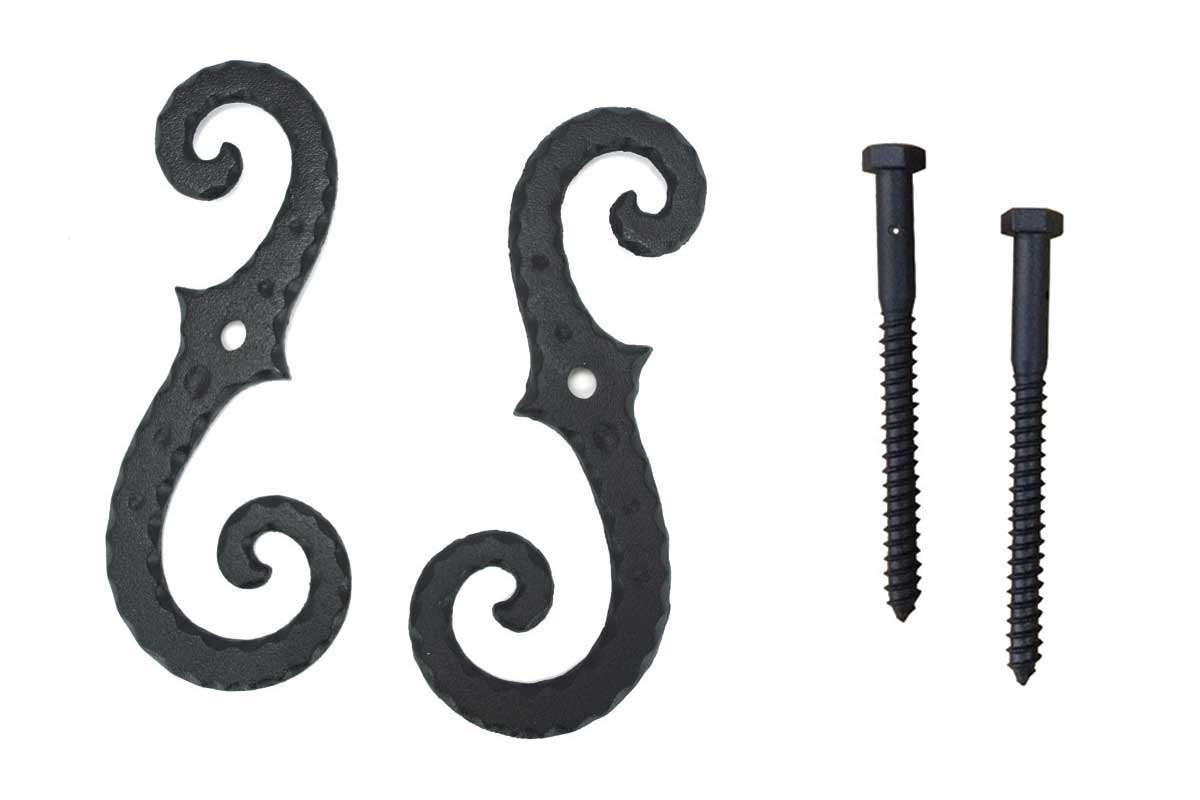 Large 8-inch black powder-coated cast iron shutter dogs with scroll design, sold in pairs with screws included.