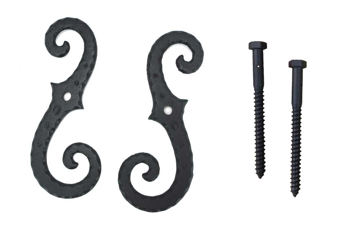 Shutter Dogs / Tiebacks - Scroll with Lag, Large - 8" Inch - Cast Iron - Black Powder Coat - Sold in Pairs