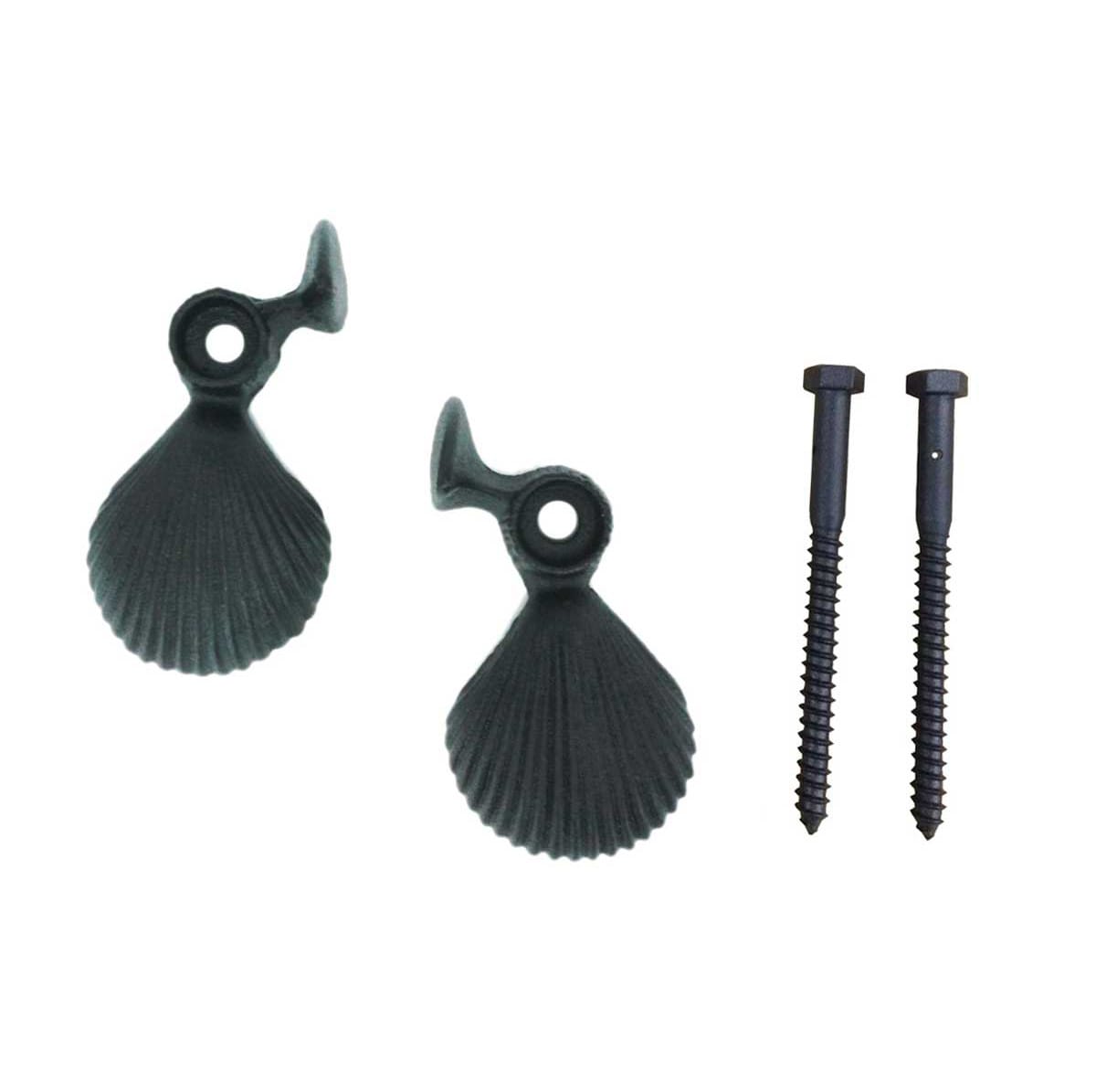 Black powder-coated cast iron shutter dogs in a shell design, 5-1/4 inches, sold in pairs with screws included.
