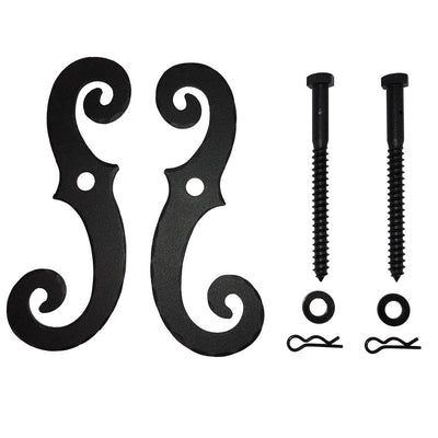 Shutter Dogs / Tiebacks - Steel Scroll with Lag - 6-3/4" Inch - Black Textured Powder Coat - Sold in Pairs
