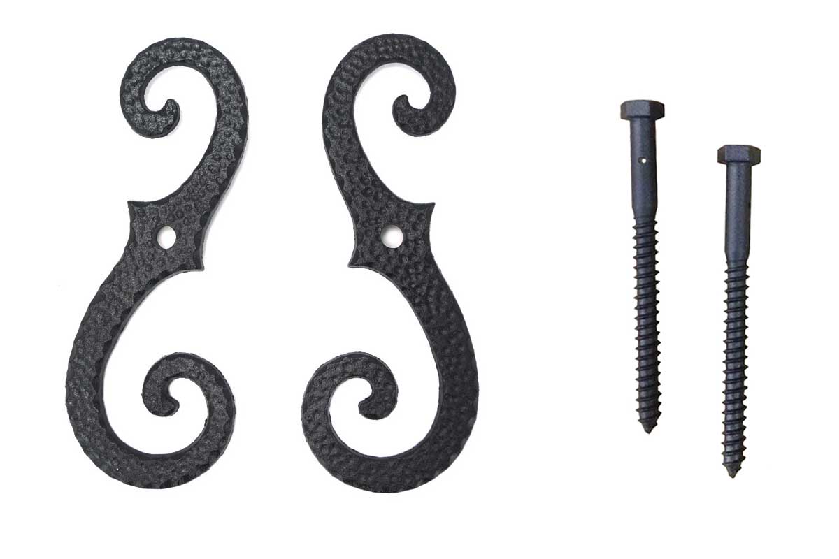 Stippled scroll shutter dogs in black powder coat, 8-inch cast iron, sold in pairs with lag screws included.