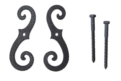 Shutter Dogs / Tiebacks - Stippled Scroll with Lag, Large - 8" Inch - Cast Iron - Black Powder Coat - Sold in Pairs