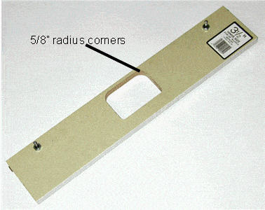Single pocket hinge router template with 5/8-inch radius corners, available in sizes from 2 to 6 inches, sold individually.