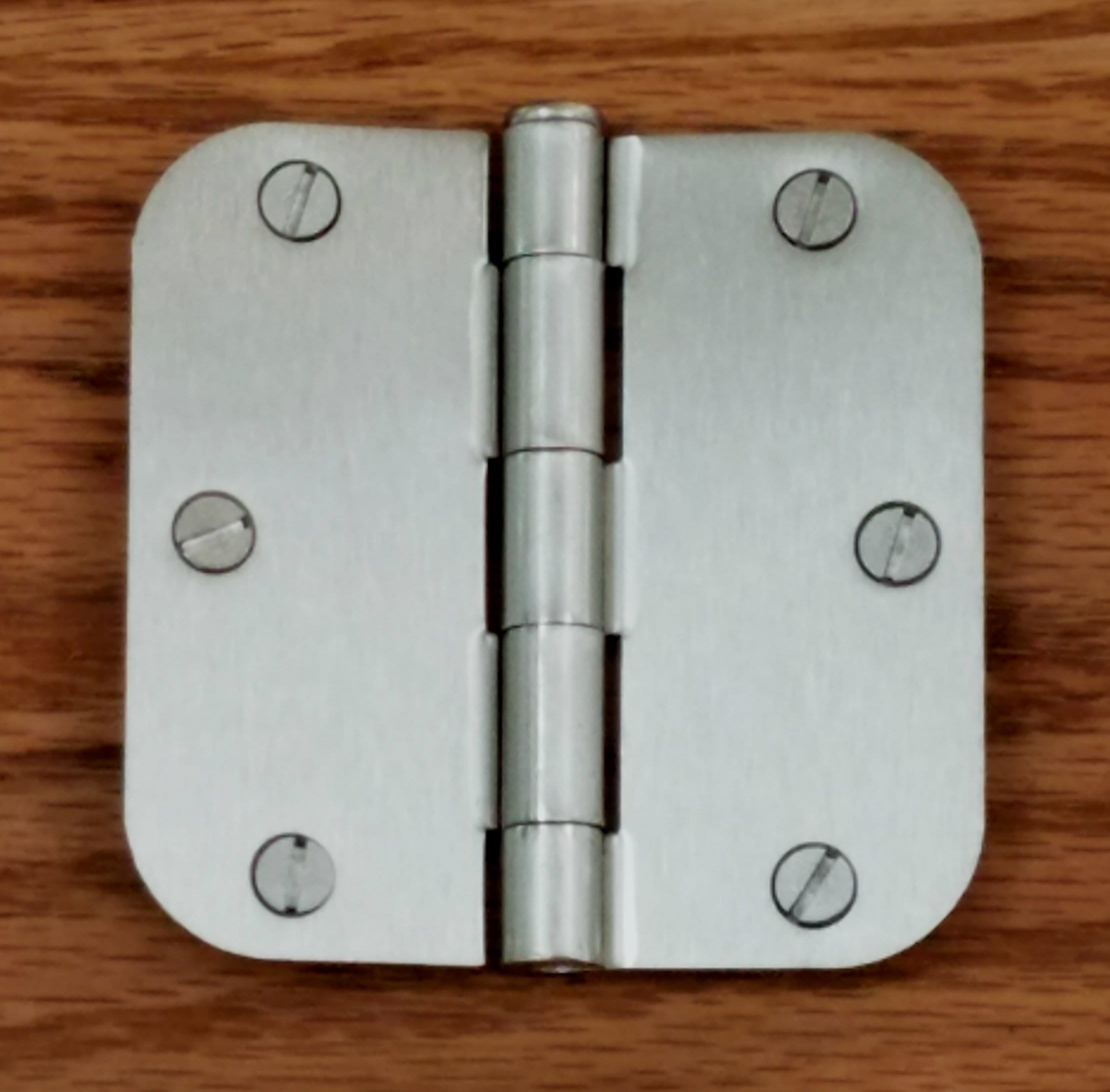 Satin nickel slotted hinge screws for doors, flat head, size #9 x 3/4 inch, securely fastening hinges.