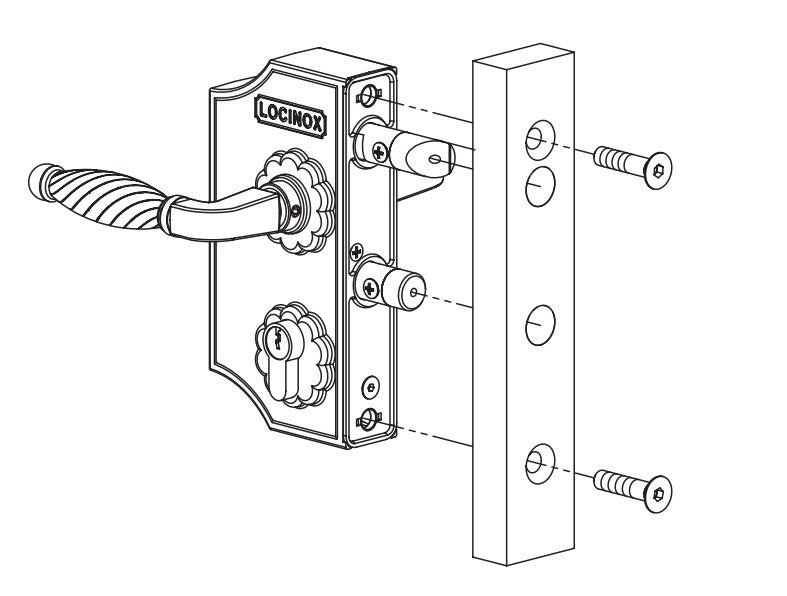 Small surface-mounted ornamental gate lock for square or flat profiles, featuring a black finish and sold individually.