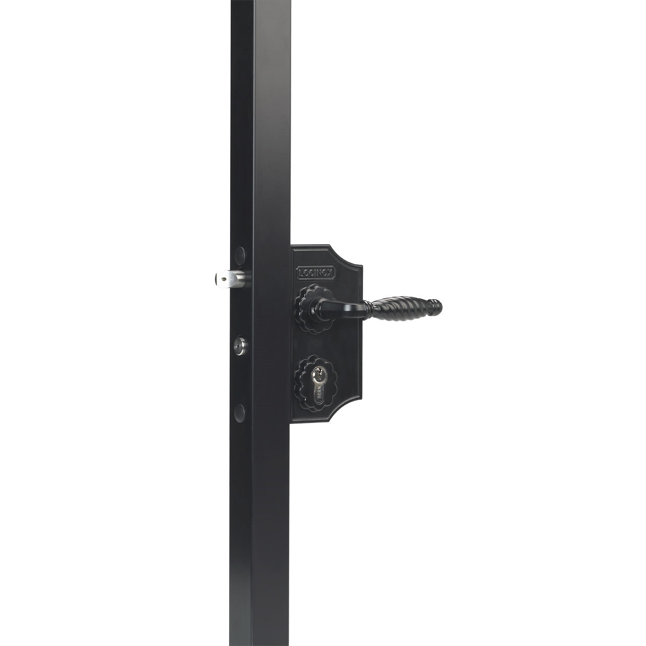 Small surface mounted ornamental gate lock in black finish, suitable for square or flat profiles, 3/8 to 2-3/8 inches.