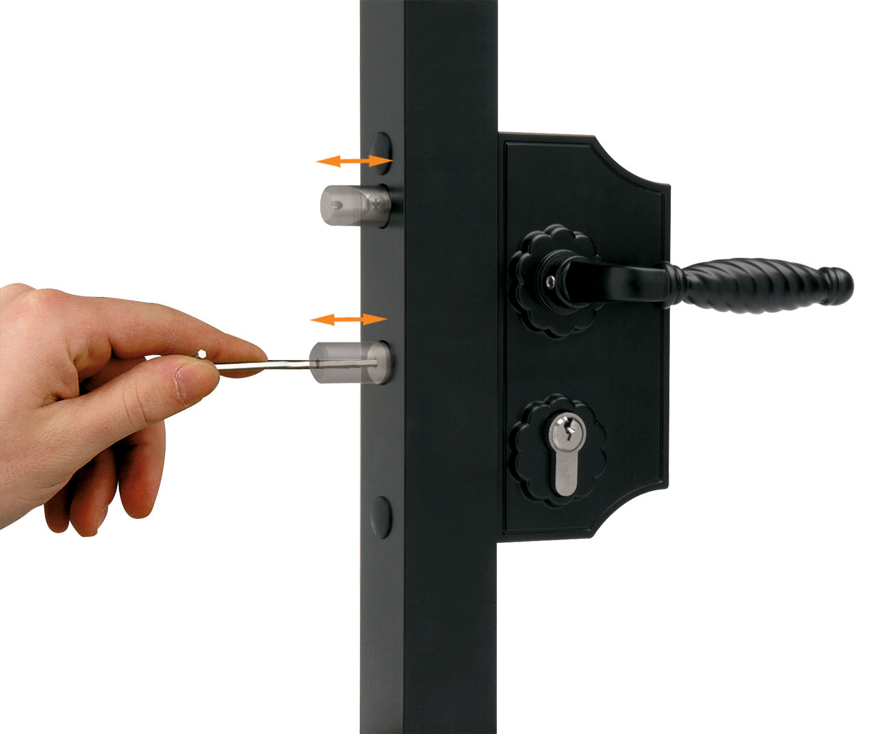 Small surface mounted ornamental gate lock for square or flat profiles, featuring a black finish and key entry.