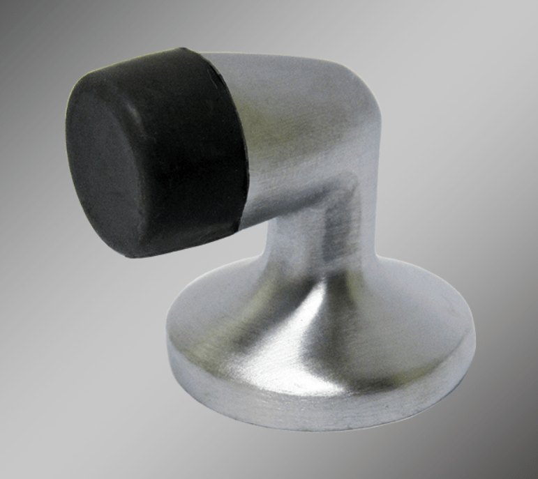 Small goose neck floor-mounted door stop with a rubber tip, available in multiple finishes for various decor styles.
