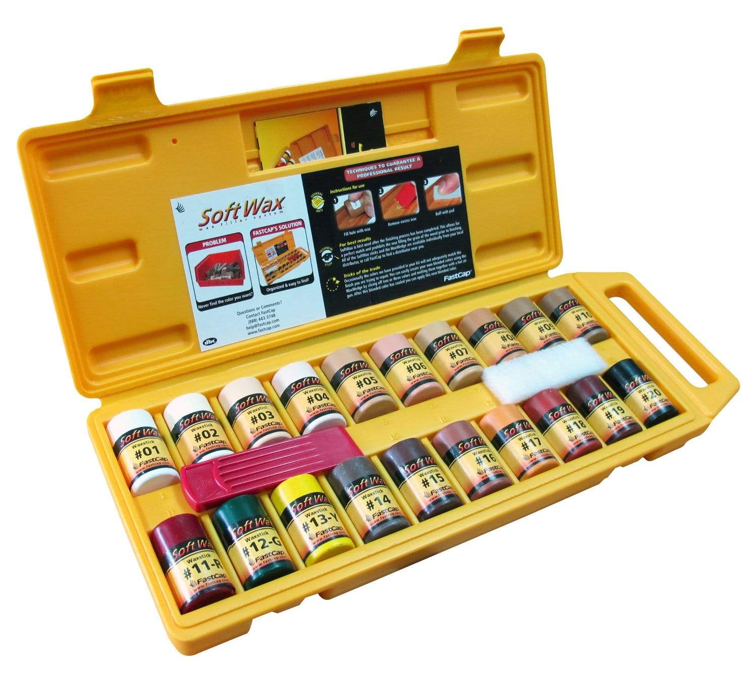 Softwax Wax Filler System kit for wood repair, featuring multiple wax sticks and applicators in a yellow case.