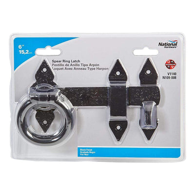 Spear Ring Gate Latches - 6" Inches - For Gates & Doors 2" - 3 1/2" Thick - Black Finish - Sold Individually