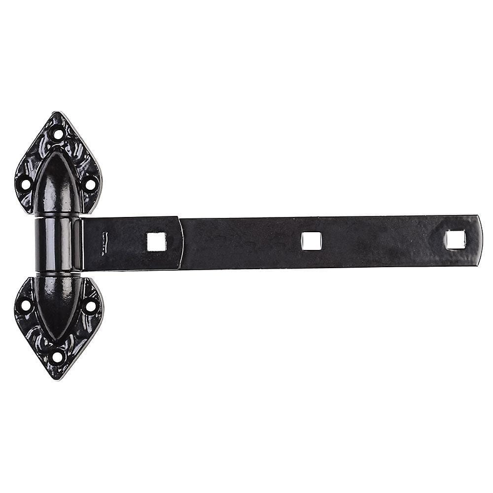 Heavy duty black steel spear T hinge, available in sizes from 6 to 12 inches, sold individually for durability.