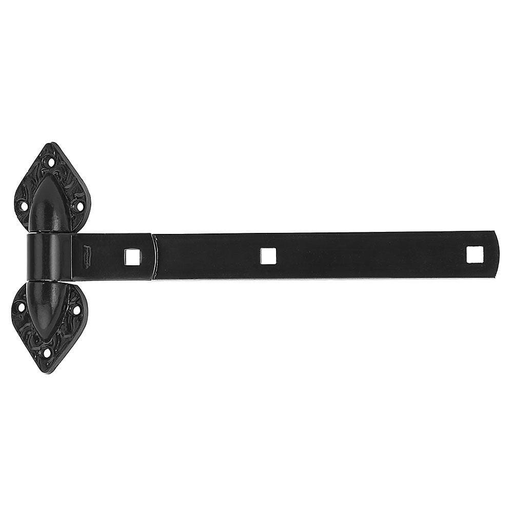Heavy duty black steel spear T hinge, available in sizes from 6 to 12 inches, sold individually for durability.