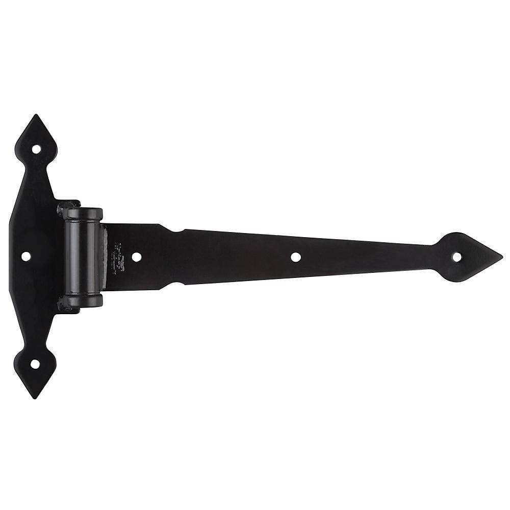 Heavy duty black spear T hinge, 13 inches long, designed for durability and sold individually for various applications.
