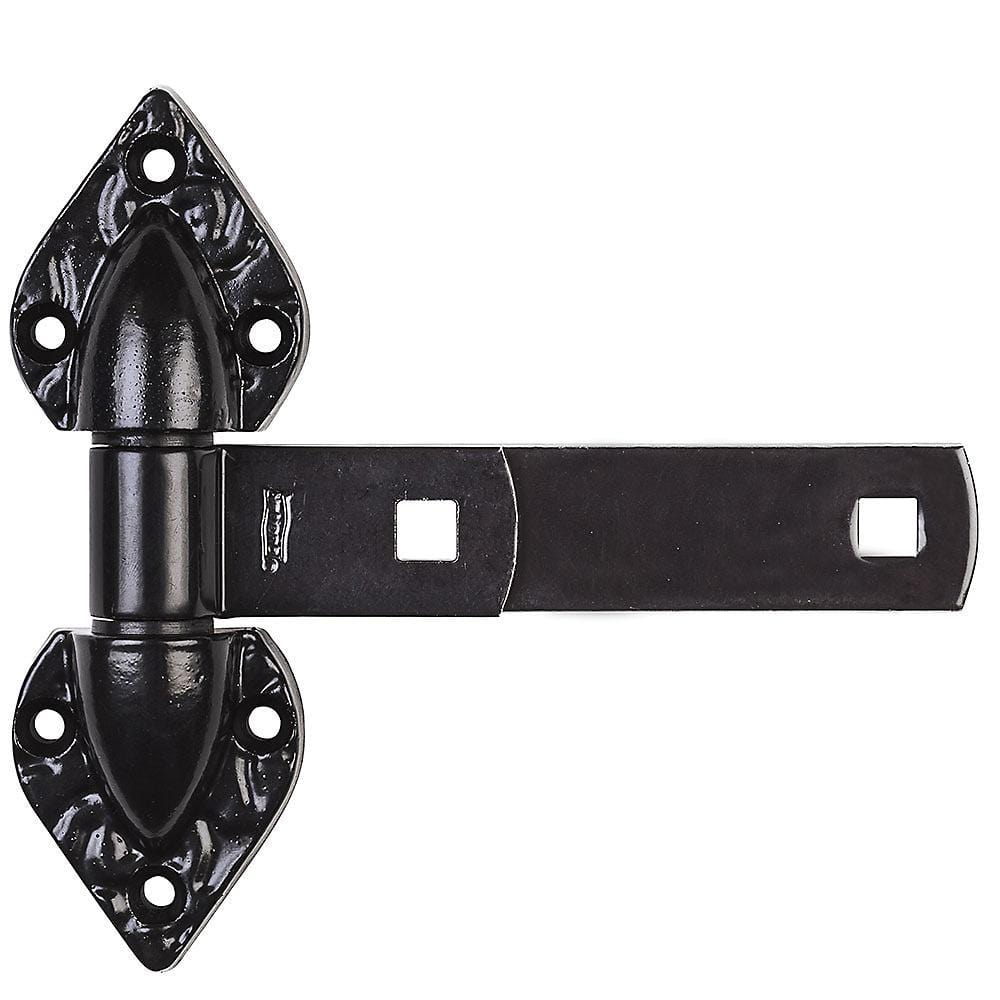Heavy duty black steel spear T hinge, available in sizes from 6 to 12 inches, sold individually for durability.