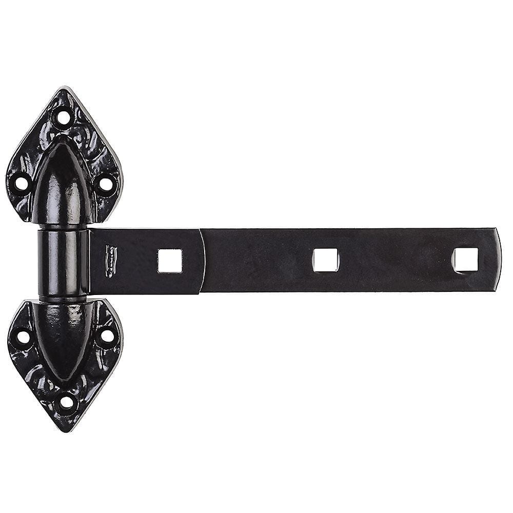 Heavy duty black steel spear T hinge, available in sizes from 6 to 12 inches, sold individually for durability.