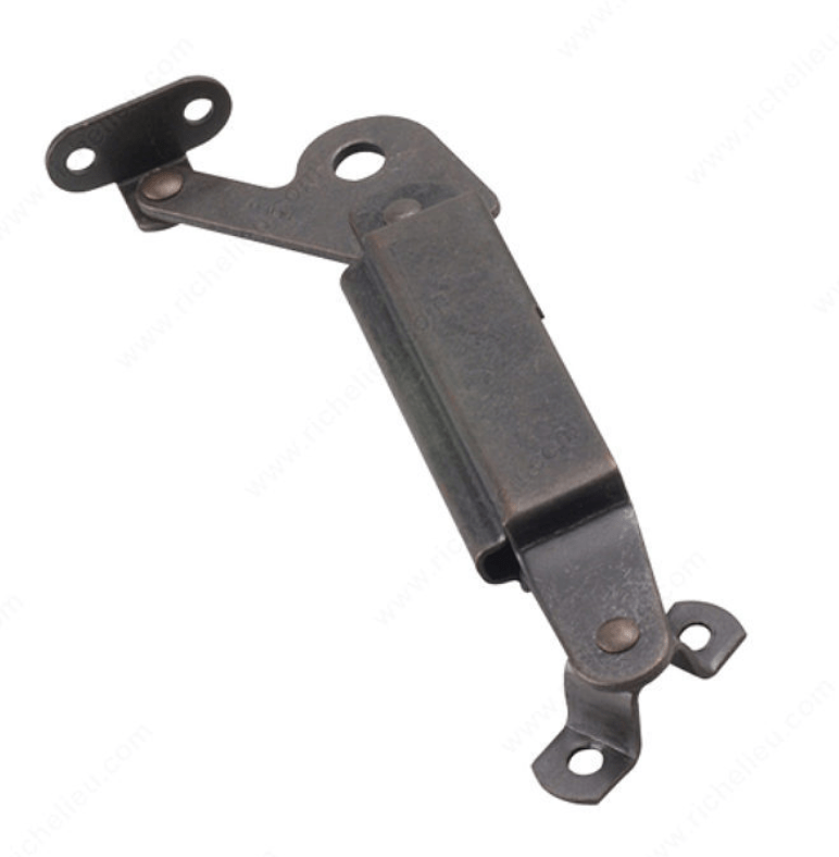 Brass finish spring-loaded lid support for cabinets, sold in a pack of five for easy installation and use.