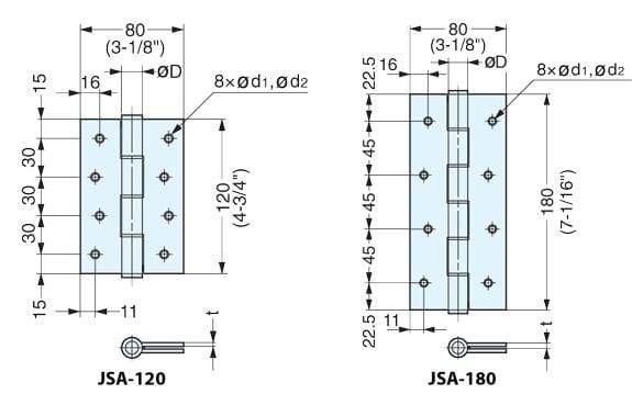 Spring loaded stainless steel hinges with adjustable self-closing feature, ideal for various applications.