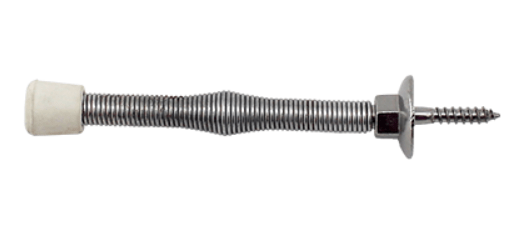 Spring door stop with fixed screw, 3 inches long, available in multiple finishes, sold individually for door protection.