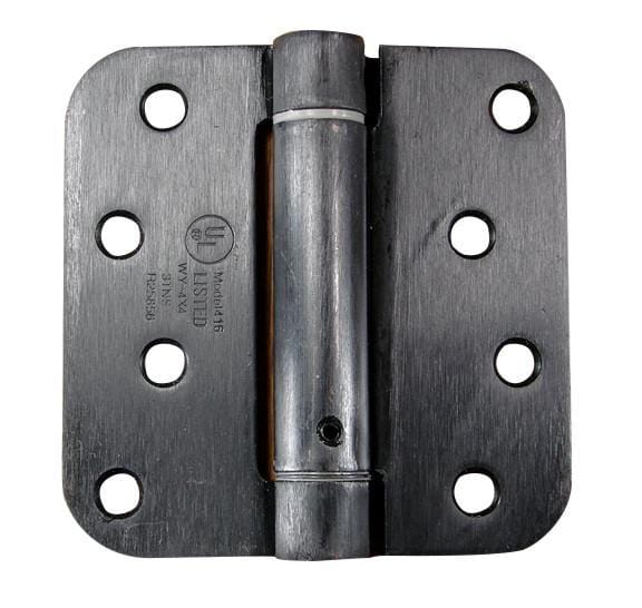Spring loaded hinges for residential use, 4 inches with 5/8 inch radius corners, available in multiple finishes, 2 pack.