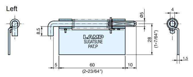Spring loaded pivot hinge for cabinets, weld-on, made of stainless steel, sold individually, with detailed dimensions.