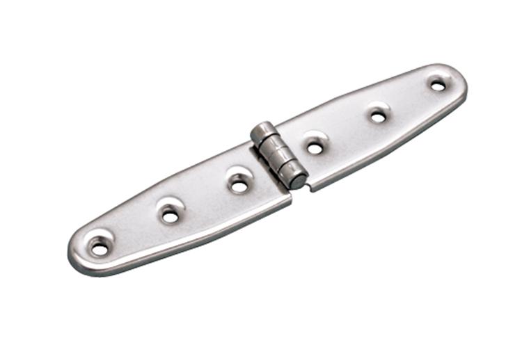 Stainless steel marine strap hinge, 6 inches long, designed for durability in marine applications, sold individually.