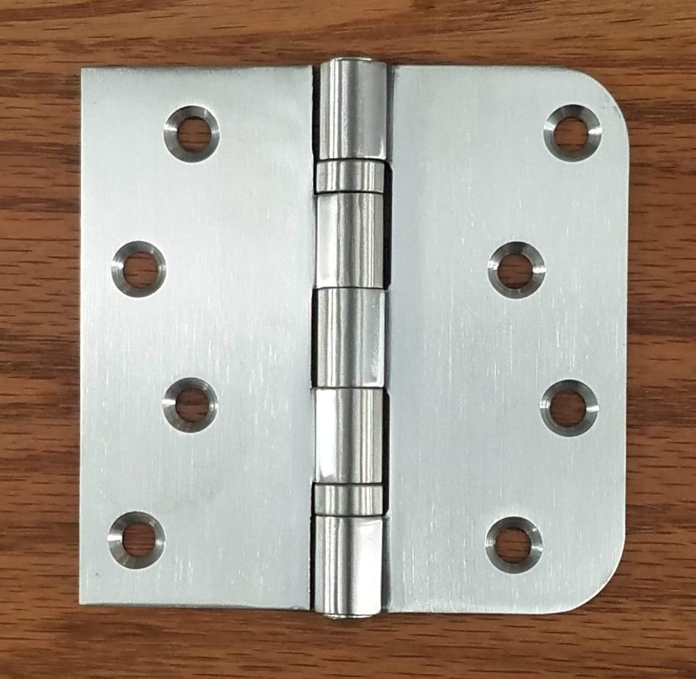 Ball bearing door hinges 4 inches square with 5/8 inch radius corners in multiple finishes, sold in a 2 pack.