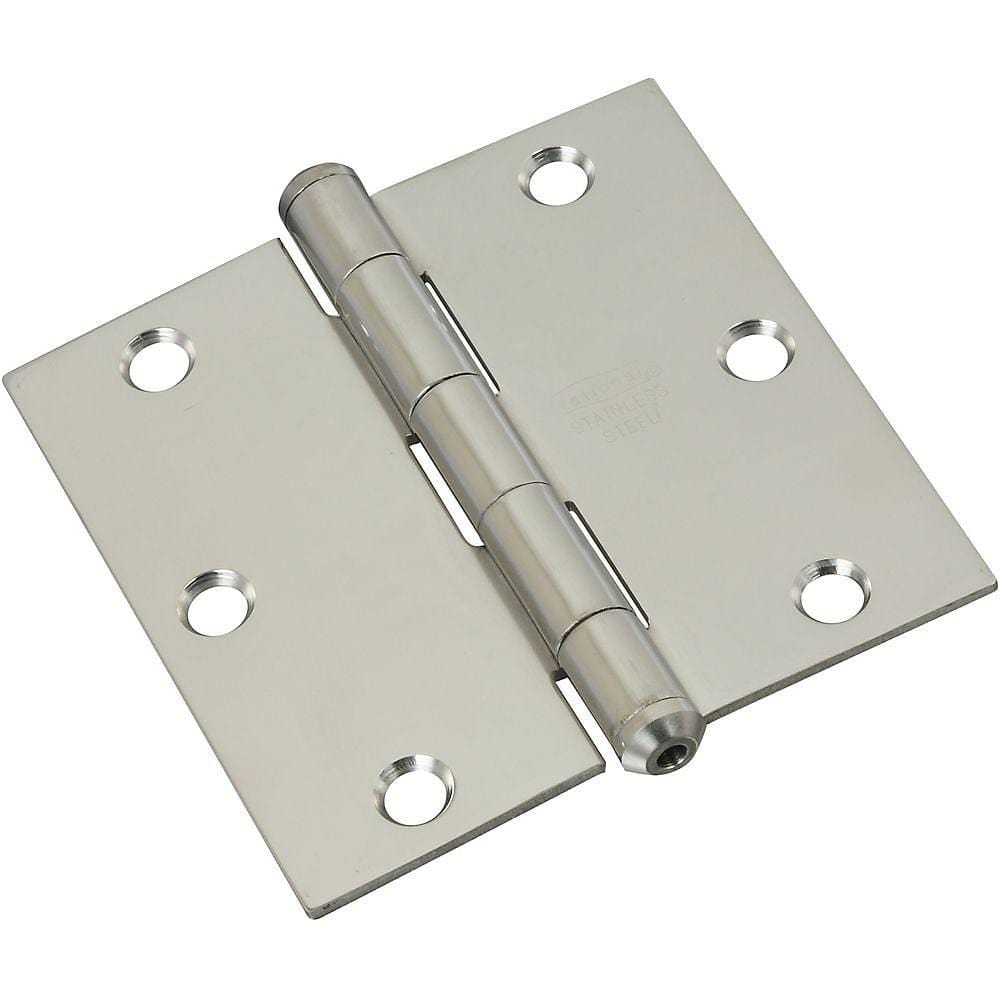 Stainless steel butt hinge, 3.5 inches square, rust resistant, ideal for doors and cabinets, sold individually.