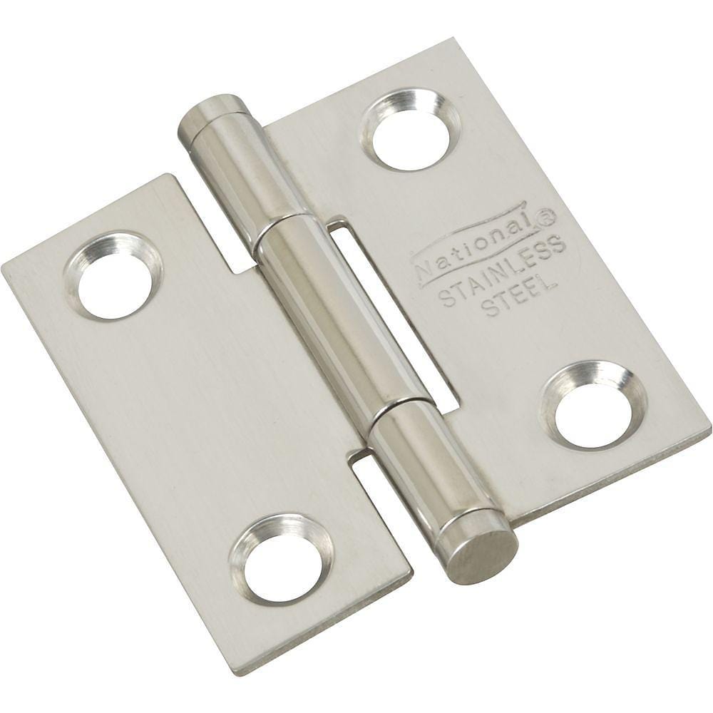 Stainless steel butt hinge, 1.5-inch square, rust resistant, sold in a 2 pack for durable door applications.