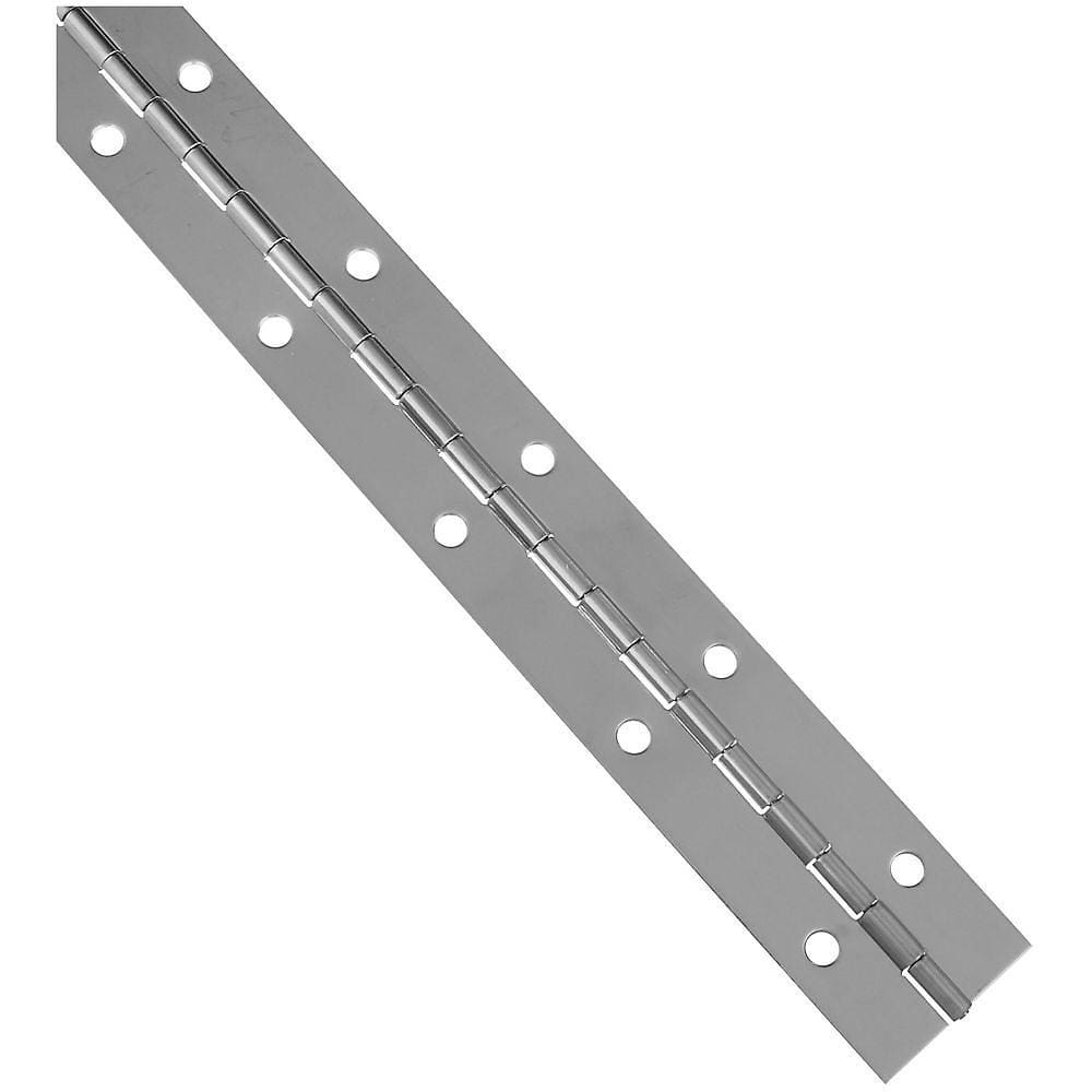 Stainless steel continuous piano hinge measuring 1.5 inches by 12 inches, ideal for durable door and cabinet applications.