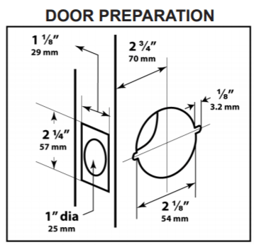 Standard duty cylindrical entrance leversets door preparation diagram with measurements for installation.