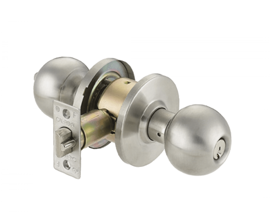 Standard duty commercial cylindrical entrance door knob lockset in multiple finishes, featuring a durable design and secure locking mechanism.