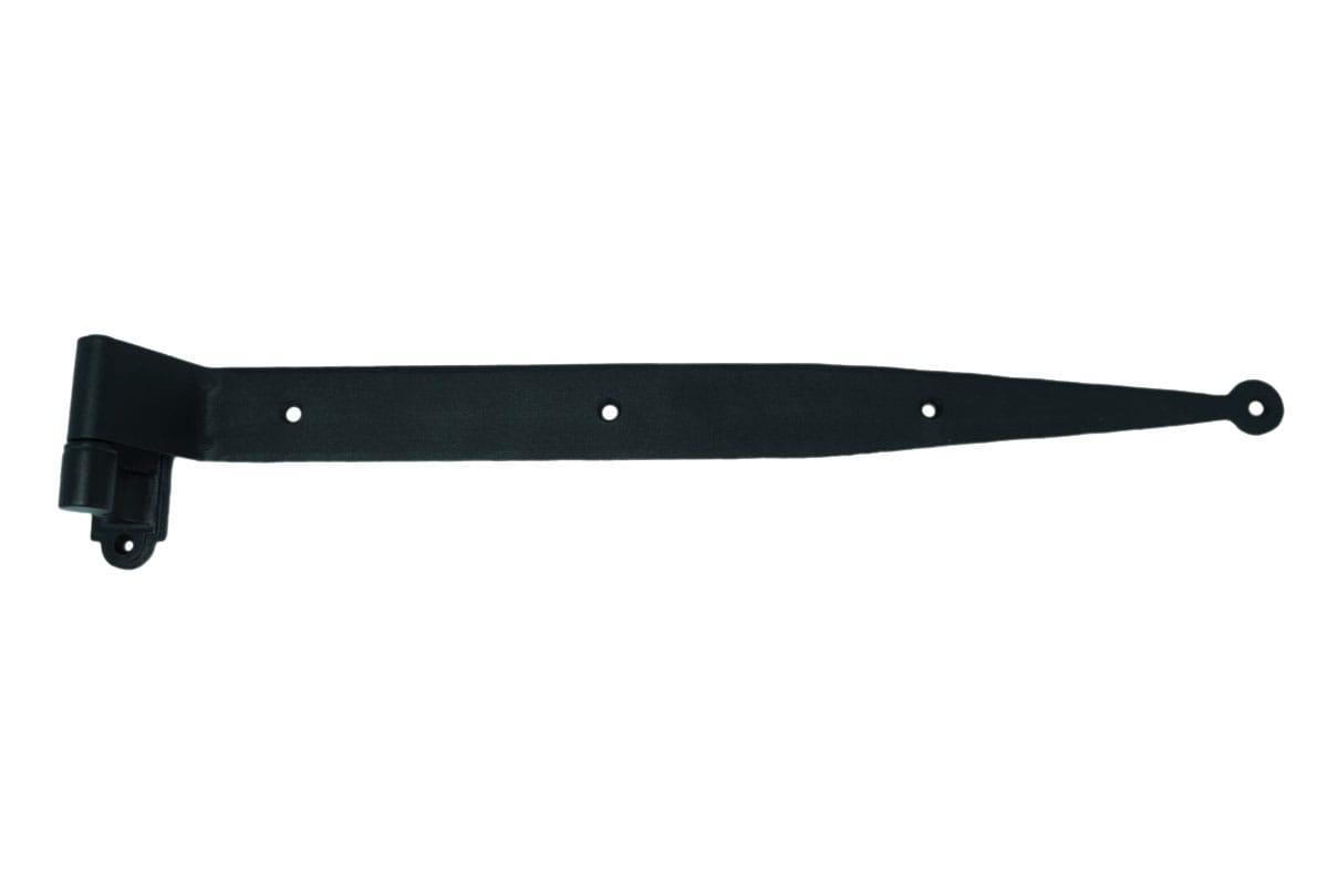 Black powder-coated strap hinge for shutters, 17 inches long with a 1-1/2 inch offset, sold individually.