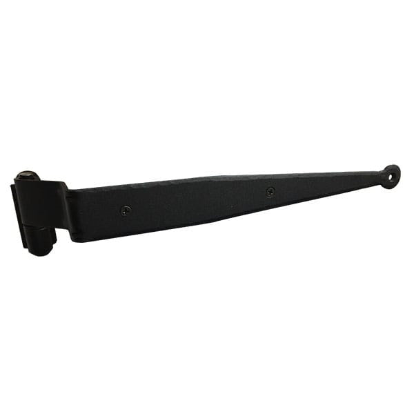 Black powder-coated strap hinge for shutters, 12 inches long with a 1.5-inch offset, featuring a circle tip design.