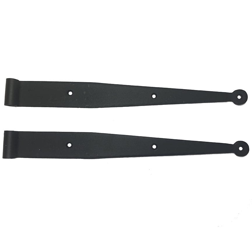 Black powder-coated strap hinges for shutters, 13-1/4 inches, minimal offset, sold in pairs. Ideal for durable installations.