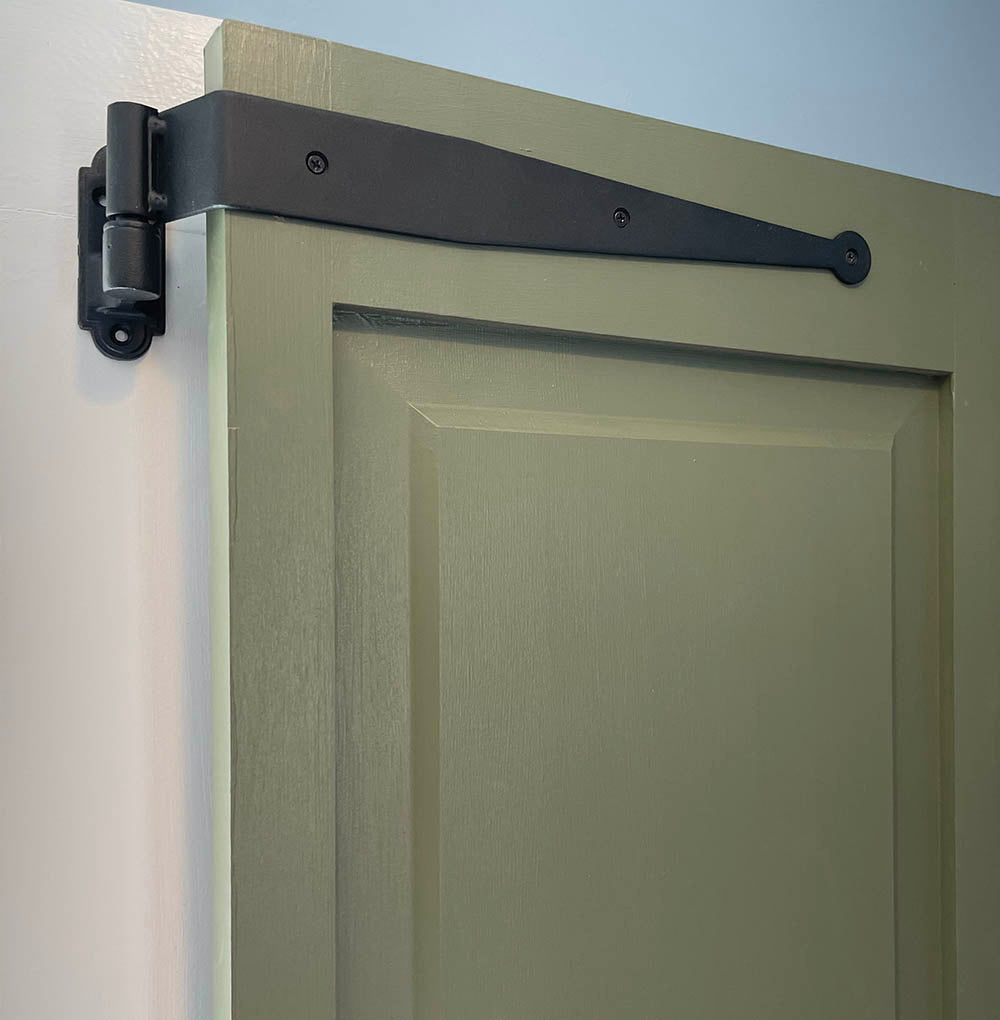 Black powder-coated strap hinges for shutters, 12 inches with a circle tip, minimal offset, sold in pairs.