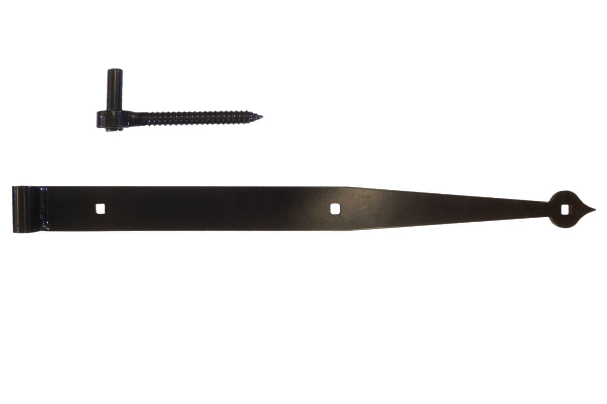 Heavy-duty 24-inch strap hinge made of solid steel with a black powder coat finish, sold individually for barns.