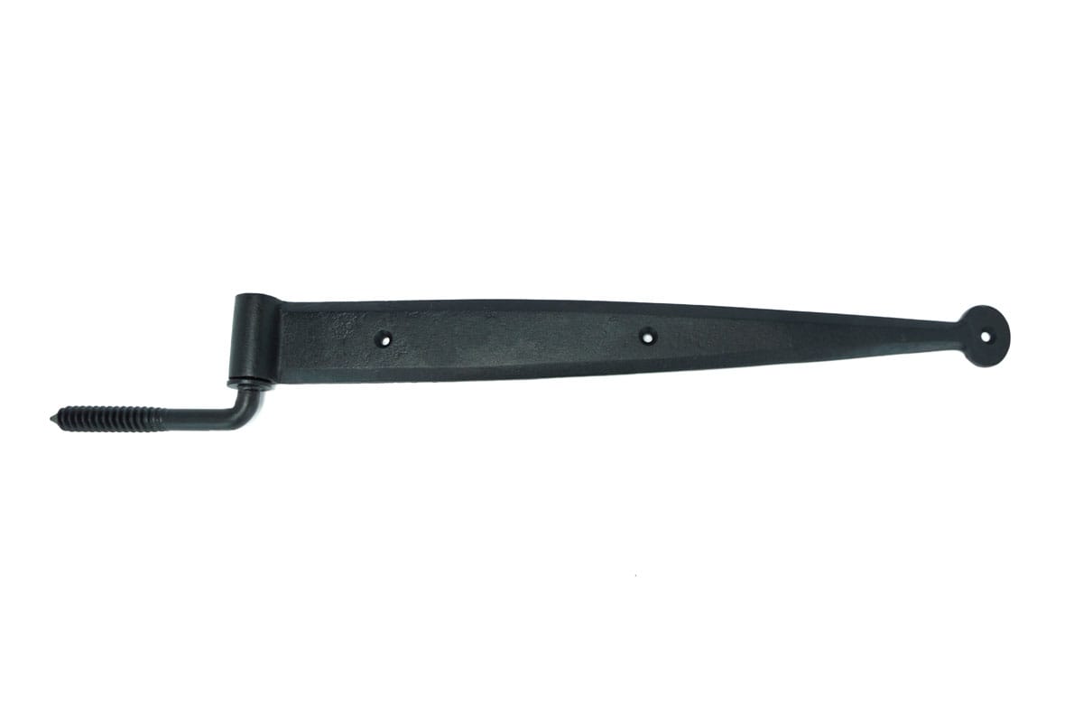 Heavy-duty 18-inch strap hinge for gates, supports up to 200 lbs, made of cast iron with a black powder coat finish.