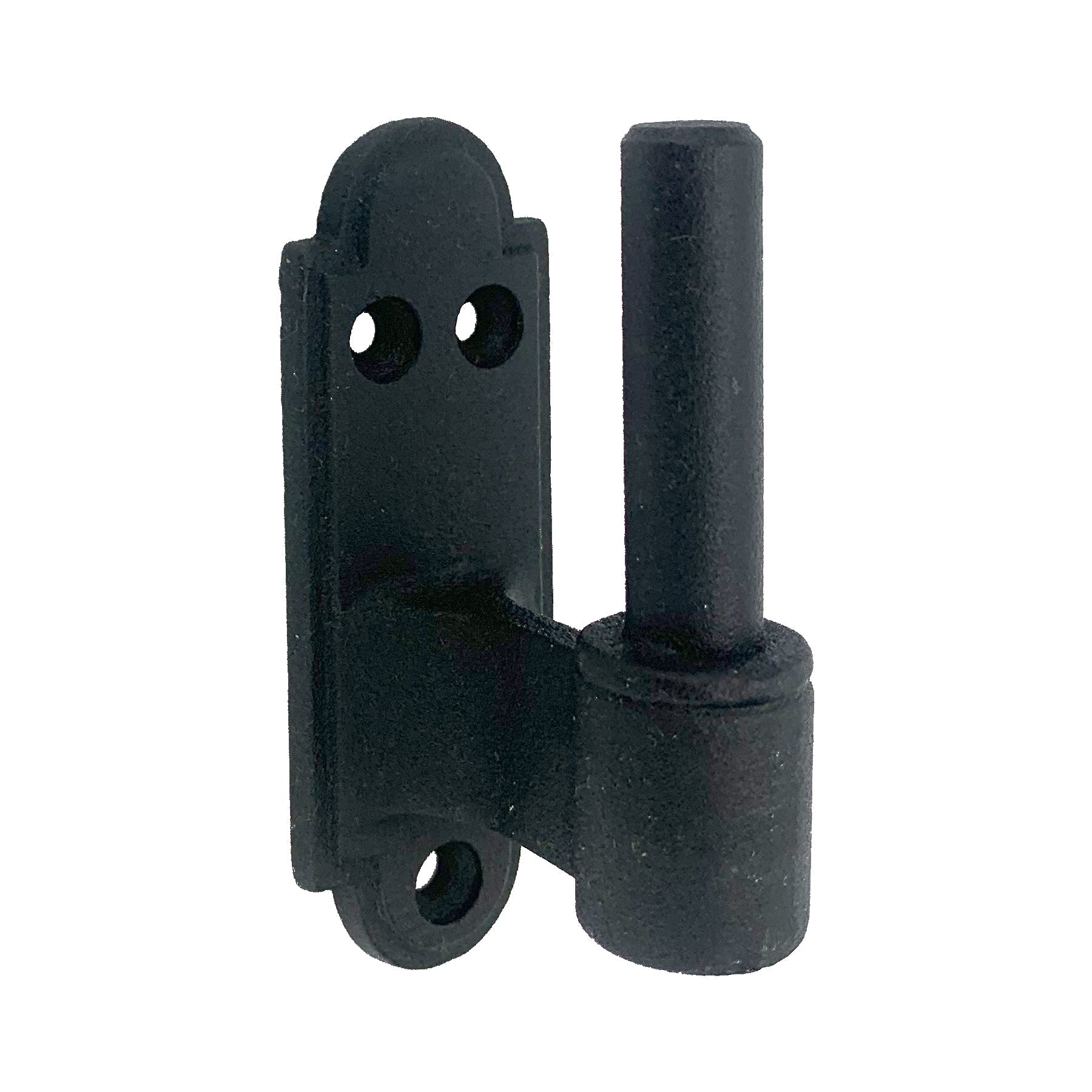 Strap hinge pintle in black powder coat finish, cast iron, available in multiple offsets, sold individually.